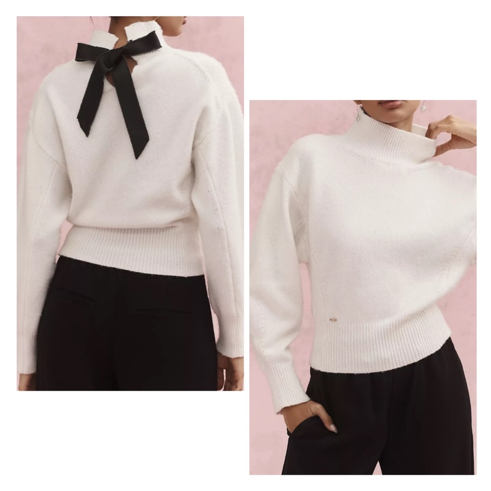 Sam Edelman NWT White Mockneck Sweater with Black Satin Bow